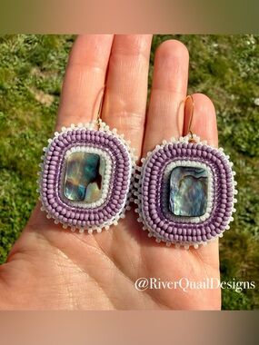 Handmade Purple Beaded Earrings With Abalone Shell. Native Made, Indigenous Art